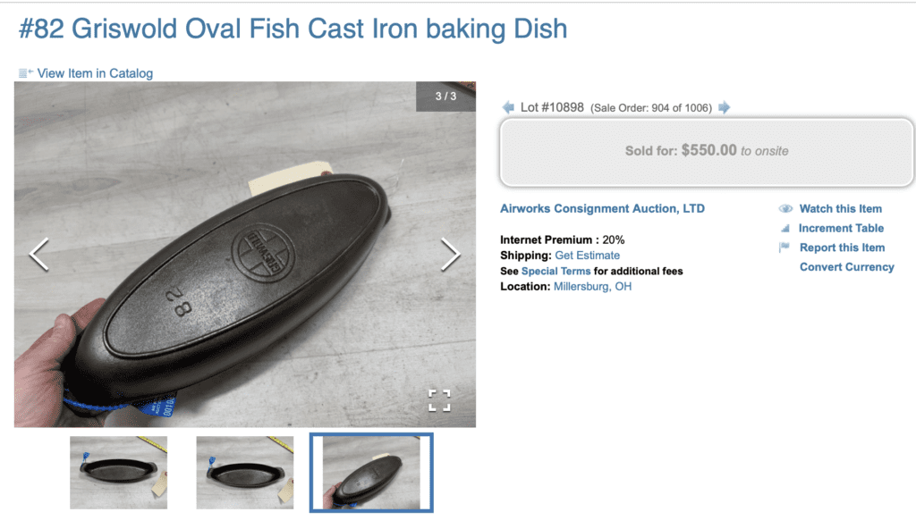 Interesting Griswold cast iron oval fish dish pan, pattern number 82. Sold for $550.